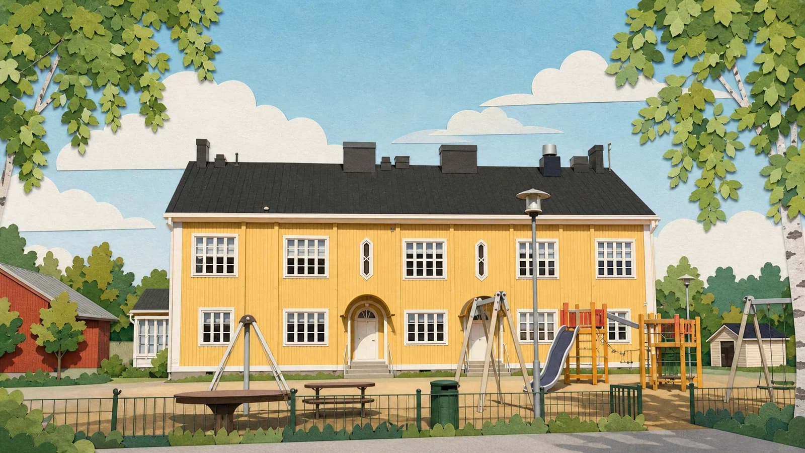 Piirrosmainen kuvitus Hulmin koulun keltaisesta puujulkisivusta ja koulupihasta