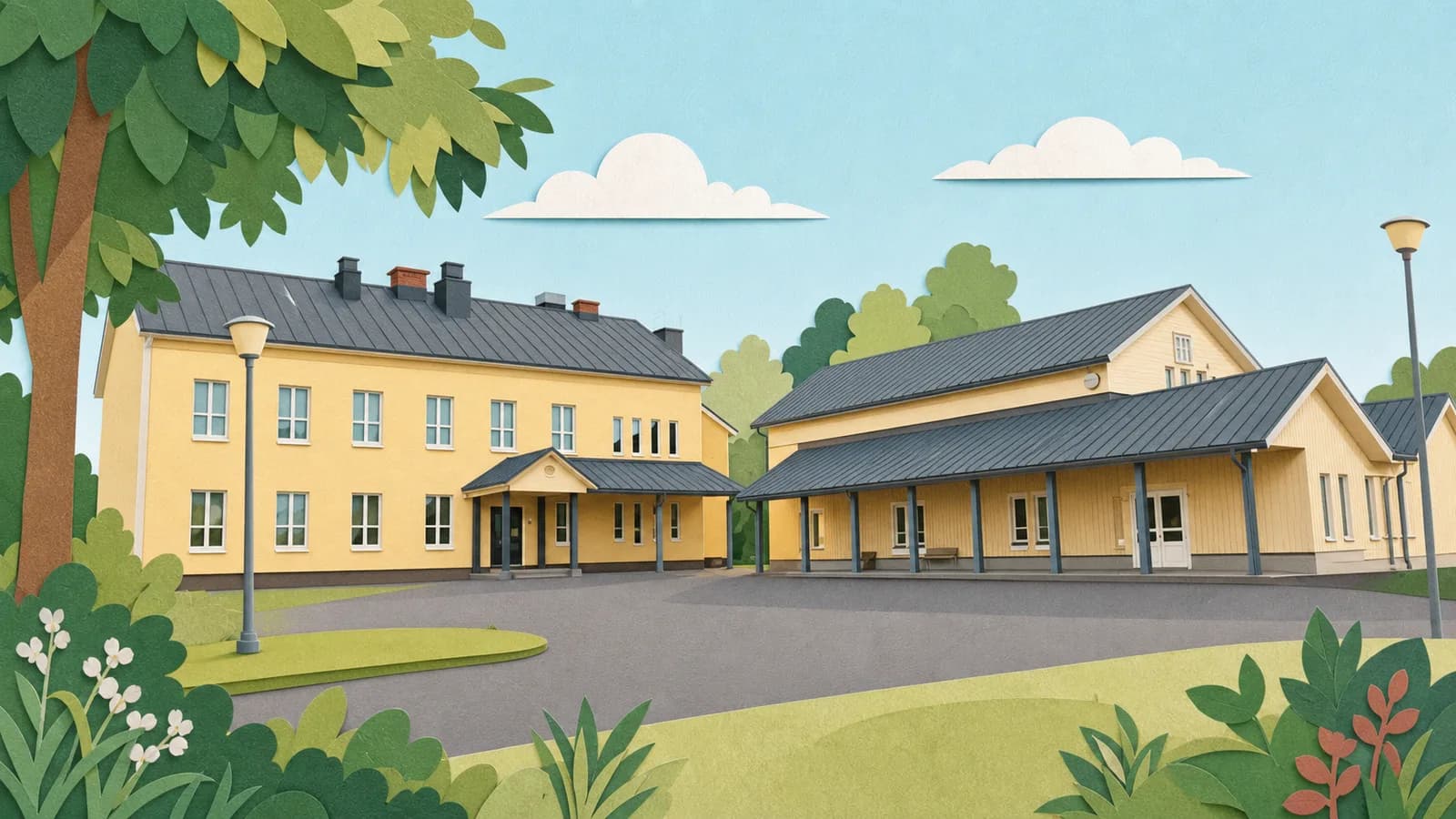 Piirrosmainen kuvitus Isonkylän koulun vaaleankeltaisista rakennuksista