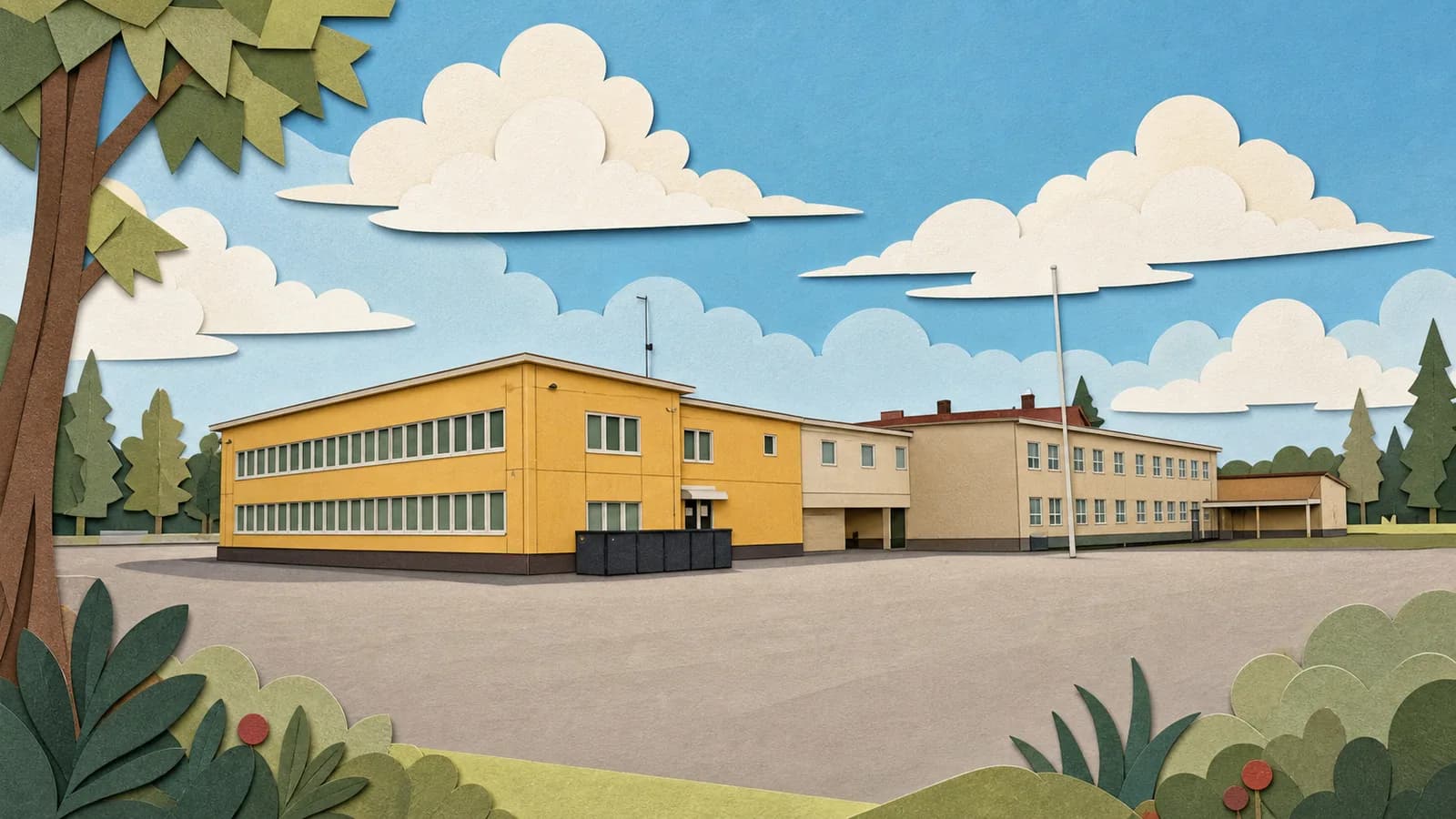 Piirrosmainen kuvitus Laihian lukion keltaisesta ja vaaleasta rakennuskokonaisuudesta