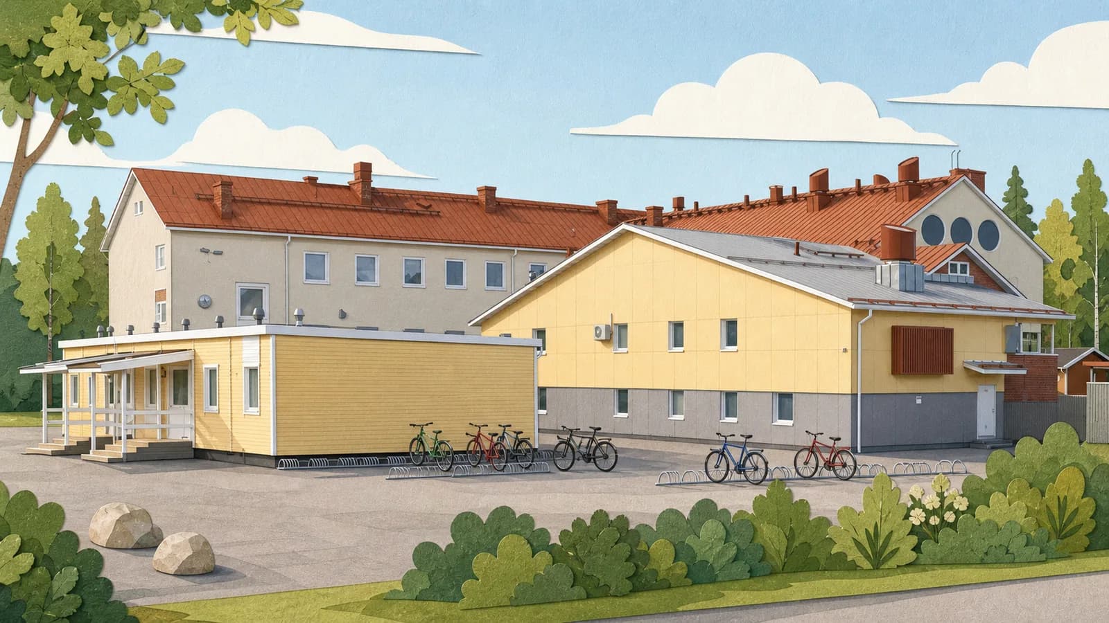Piirrosmainen kuvitus Laihian yläkoulun punakattoisesta vanhasta puolesta ja sen vaaleankeltaisista lisärakennuksista