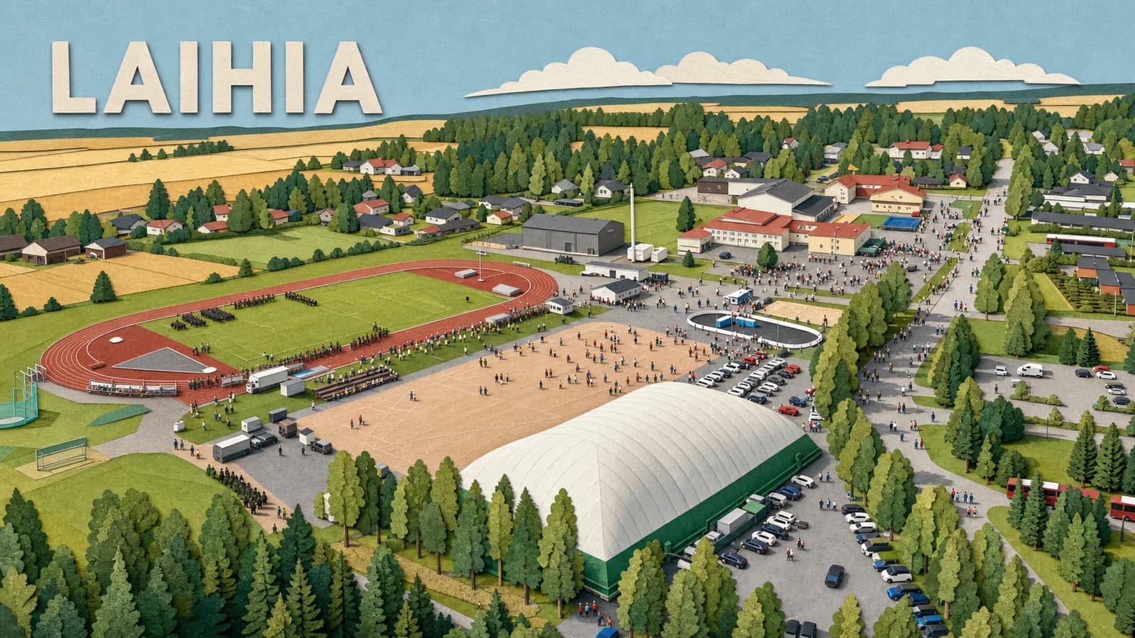 Paperileikkauskuvitus Laihian urheilu- ja koulukeskuksen ilmamaisemasta