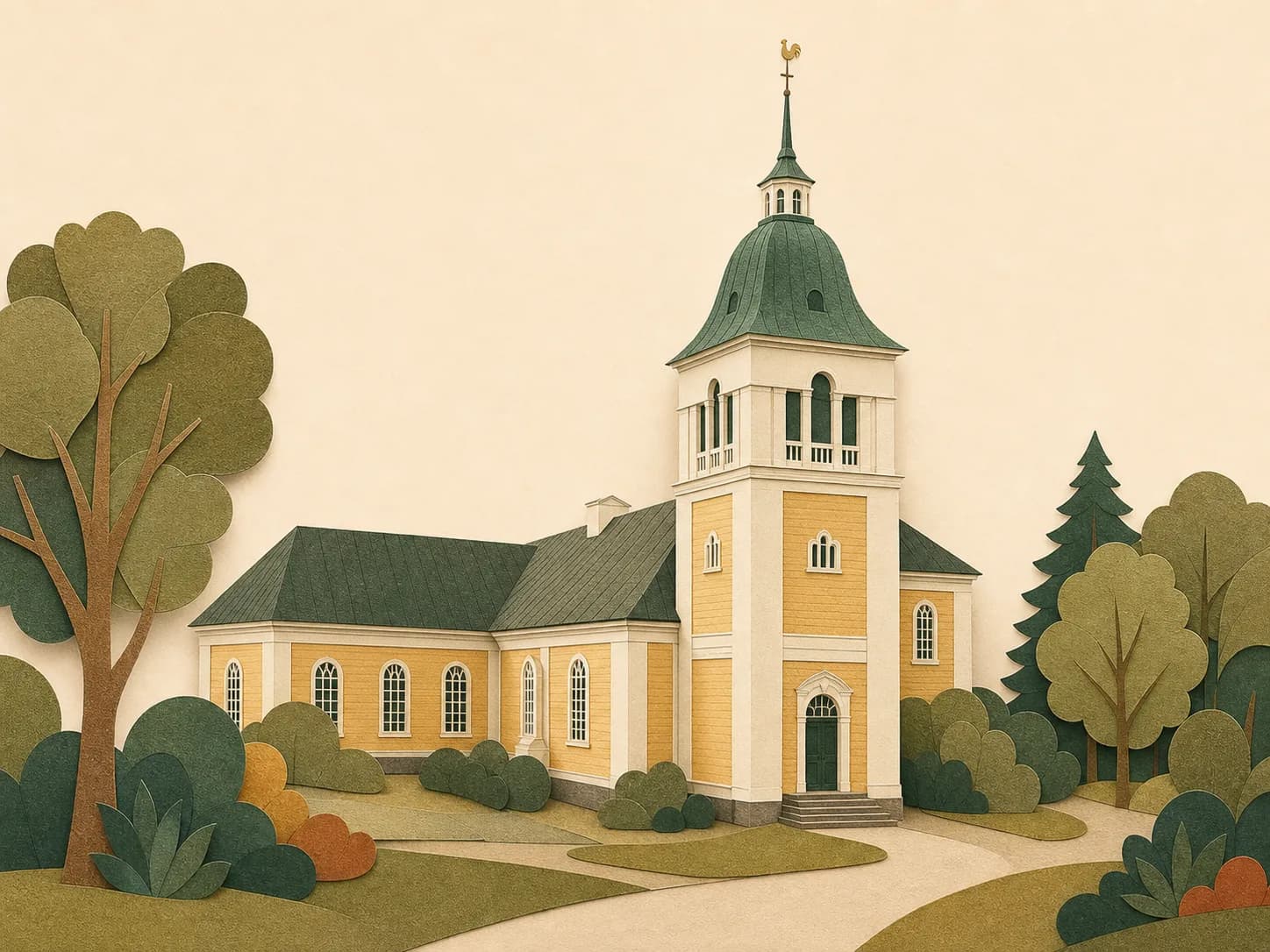 Paperikuvitus Laihian kirkon vaaleasta julkisivusta ja korkeasta tornista